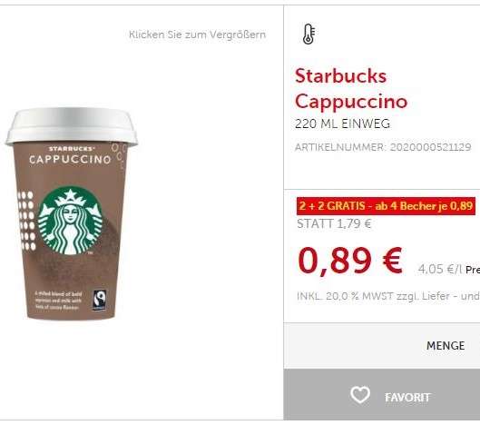 Starbucks Kaffee -50% (2+2 gratis)
