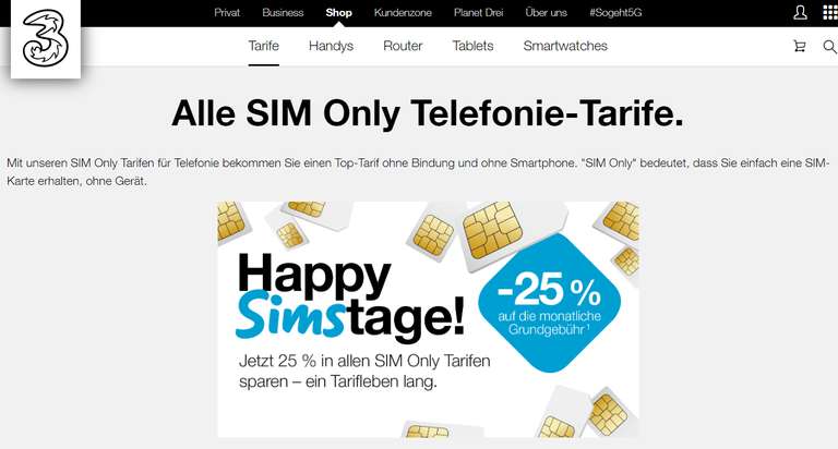 25% auf alle SIM-Only Tarife bei Hutchison Drei Austria
