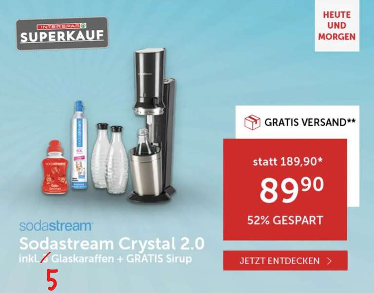 Sodastream Crystal 2.0 Titan mit 5 Glaskaraffen + Cola Sirup + 60 l-Zylinder