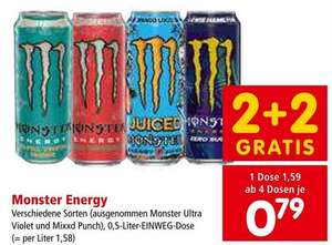 "Monster Energy Verschiedene Sorten" gibts ab 17.8. wieder in der 2+2 Aktion bei Spar (somit 0,79€ / 0,5l Dose) App Joker gehen dzt. (0,60€)