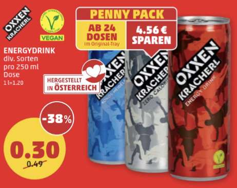 Penny: Oxxen Kracherl Energydrink 24 Dosen, div. Sorten, (30c pro Dose)