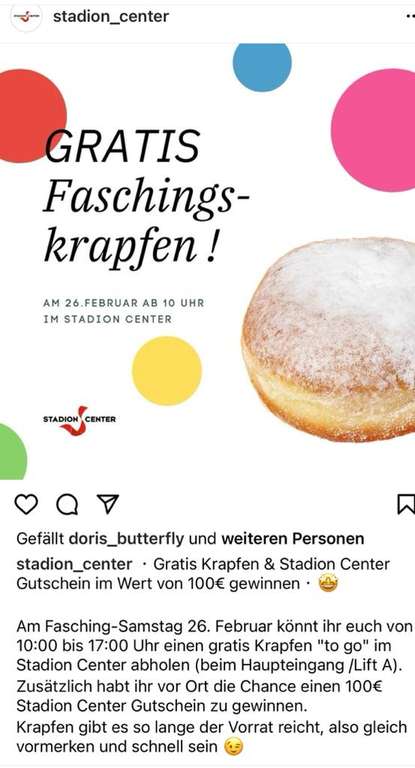 [LOKAL Wien] Gratis Krapfen im Stadion Center am 26.02. ab 10 Uhr