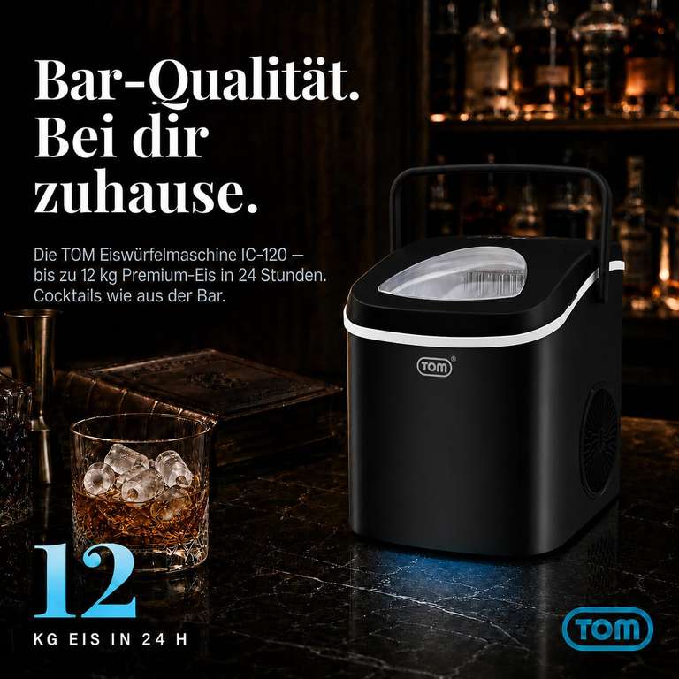 TOM Eiswürfelmaschine – 9 Würfel in 6–8 Min, 12 kg/24h, 1,3 l, LED, inkl. Zubehör at Amazon - Preis 75,56 €
