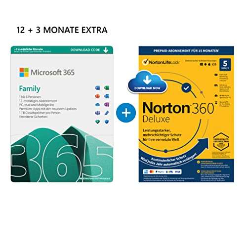 Microsoft 365 Family 12+3 Monate | 6 Nutzer | Mehrere PCs/Macs, Tablets & mobile Geräte | Code + NORTON 360 Deluxe | 5 Geräte |15 Monate