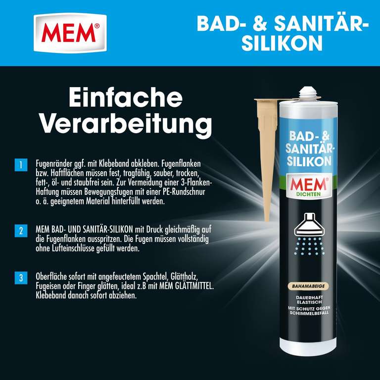 MEM Bad- & Sanitär-Silikon, Dauerhaft elastischer Silikon-Dichtstoff mit Schutz gegen Schimmelbefall, 300 ml Kartusche, Bahamabeige