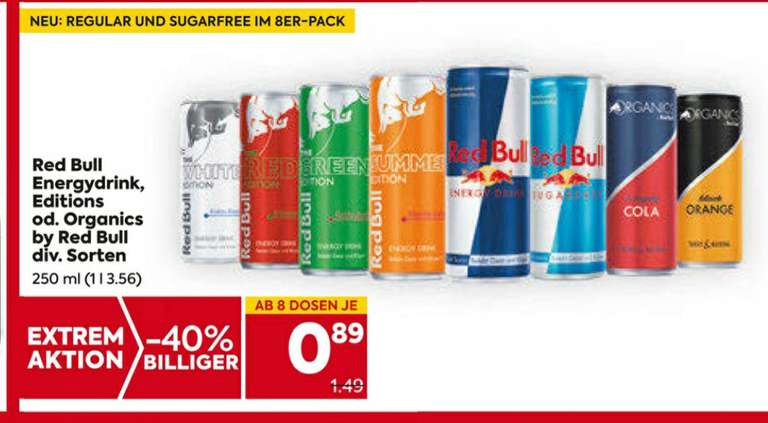 Red Bull und Organics 89 cent ab 8 Dosen 15.06.-22.06. Plus und Billa