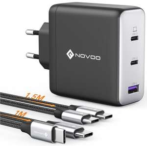 NOVOO 120W USB C Ladegerät GaN Ⅲ 3-Port USB C Netzteil Schnellladegerät mit 2 PD 100W Typ-C-Kabeln