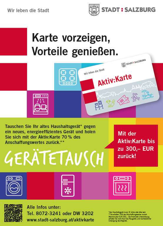 70% Cashback für Austausch von >10 Jahre altes Haushaltsgerät für Aktivkarte Nutzer:innen (bis 300€) in Salzburg