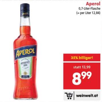 INTERSPAR: Aperol 0,7L mit -25% Pickerl um 6,74€