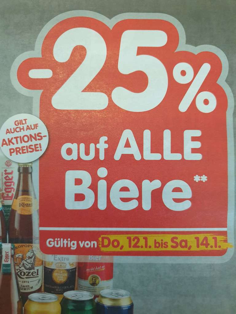 -25% auf das gesamte Bier beim Interspar, Spar, Eurospar 12.01.-14.01.