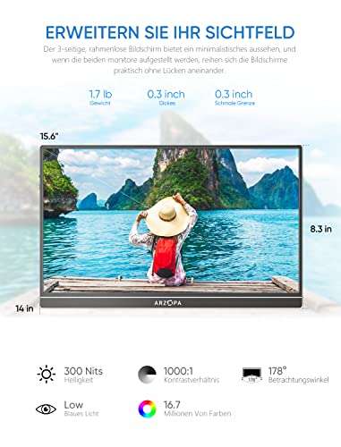 ARZOPA Portable Monitor, 15.6 Inch 1080 FHD; HDMI & USB-C [China Shop - Delivered by Amazon]
