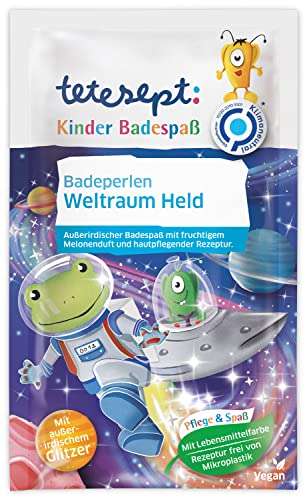 tetesept Kinder Badespaß Badeperlen Weltraum Held Bad - Kinderbad mit Glitzer, Melonenduft und hautpflegender Rezeptur – 8 x 60 g