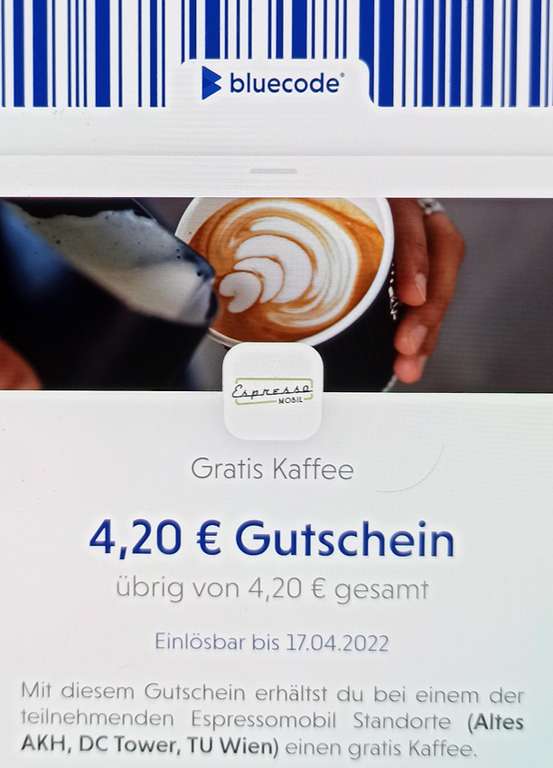 Bluecode - gratis Kaffee mit € 4,20 Gutschein