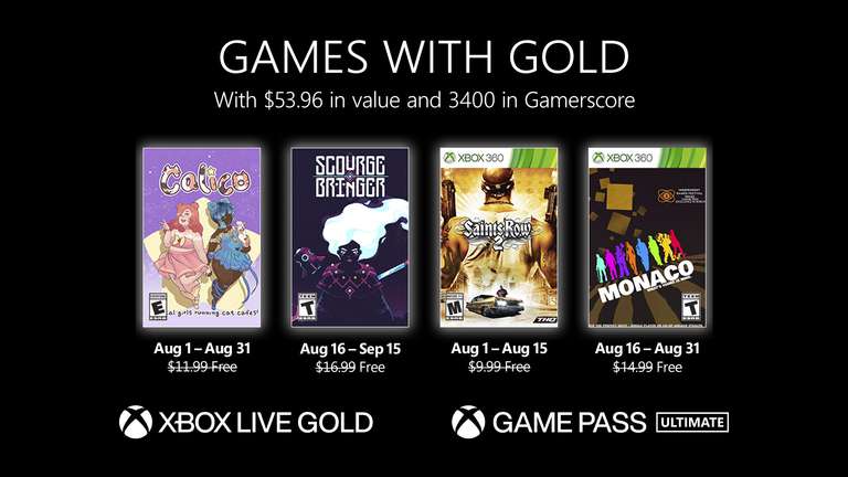 Games with Gold im August 22: Calico, ScourgeBringer, Saints Row 2 und Monaco: What’s Yours is Mine