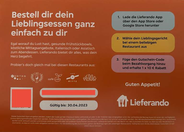 Lieferando (lokal in Graz, personalisiert): Postwurf-Neukundengutschein funktioniert auch für Bestandskunden