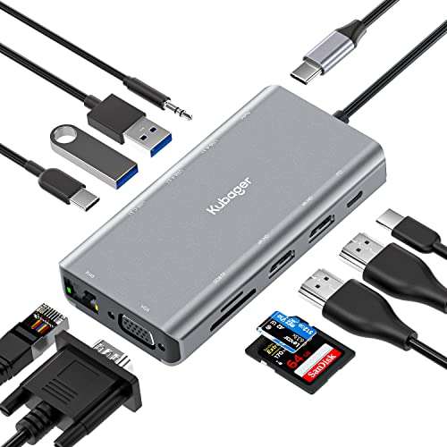 Kubager 11 in 1 USB C Hub mit Zwei 4K HDMI, 2 USB-A 3.1, 1 USB-C 3.1, PD 100W, SD/TF, Ethernet 1000M, 1 VGA, 1 Audio 3.5mm