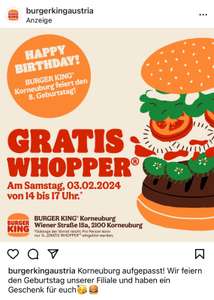 Burger King: Gratis Whopper am 3.2. zwischen 14 und 17 Uhr in der Filiale Wiener Straße 15a in Korneuburg
