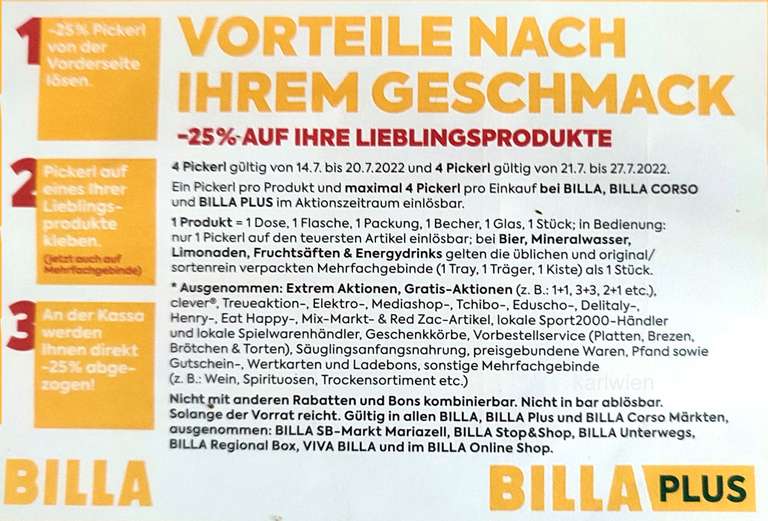 Billa + Billa Plus / 16x -25% Pickerl (14.07. - 27.07.22)
