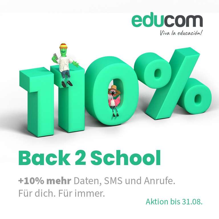 Ab sofort +10% mehr auf Alles bei educom, bei allen Tarifen
