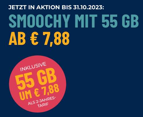 Xoxo: Tarif Smoochy jetzt mit 55GB um 9,99€ (A1 Netz) oder ab 7,88€/Monat für 2 Jahre