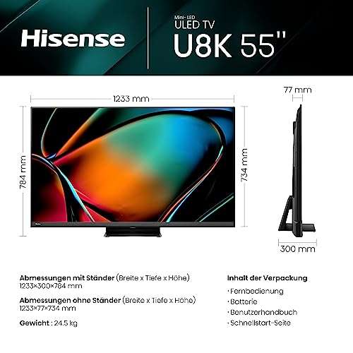 Hisense 55U8KQ Mini LED 4K ULED Smart TV - 139 cm (55 Zoll) Dolby Vision IQ & Atmos, 120Hz Panel, UHD AI Upscaler, HDR10+, [2023]