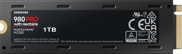 Samsung SSD 980 PRO 1TB mit Kühlkörper MZ-V8P1T0CW M.2 2280 NVMe/PCIe 4.0 offiziell eeignet für P5 o. mit Controller ohne Kühlk. 123,99 Euro