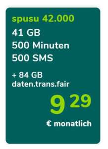 Spusu: Tarif Spusu 42000 ist wieder da! 41GB + 500 SMS + 500 min + 84GB daten.trans.fair um 9,29 €