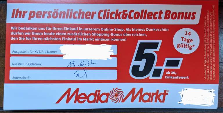 Info-Deal: MediaMarkt 5 Euro Gutschein für lokalen Einkauf (MBW 30€) nach click&collect Bestellung