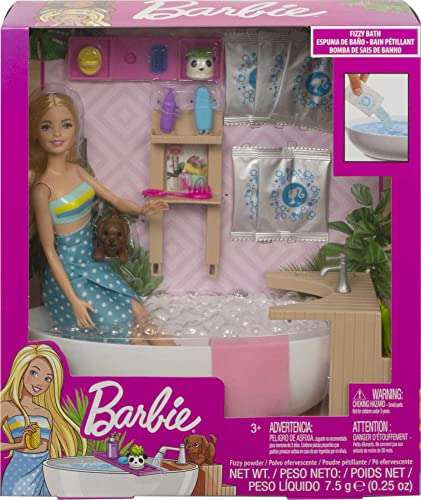 Barbie - Wellnesstag Puppe (blond) und Spielset, mit Badewanne, Hündchen und weiteren Zuebhörteilen