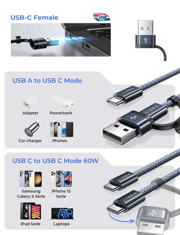 LISEN USB C Kabel 60W PD 3.0, USB C Ladekabel mit USB Adapter