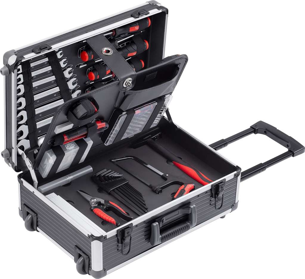 Meister Werkzeugtrolley 129-teilig - Werkzeug-Set - Mit Rollen -  Teleskophandgriff / Profi Werkzeugkoffer befüllt - Preisjäger