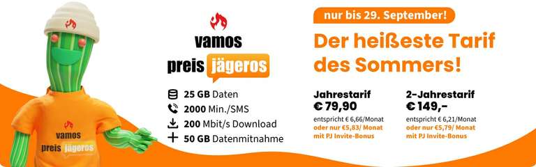 Educom "Vamos Preisjägeros" - 2000Min/SMS + 25GB bei 200Mbit/s + 50GB Datenmitnahme - ab 6,21 € / Monat