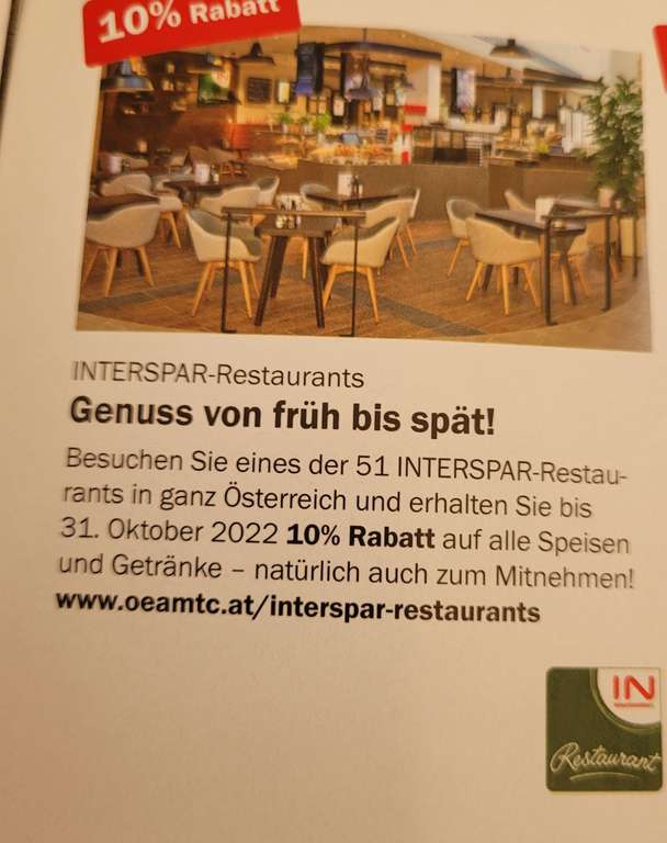 Interspar Restaurant mit Öamtc Clubkarte 10% weniger bezahlen