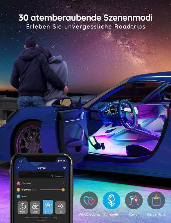 Govee RGBIC Auto LED Streifen, App steuerbare Innenbeleuchtung, 2-Linien-Design, Musik-Modus