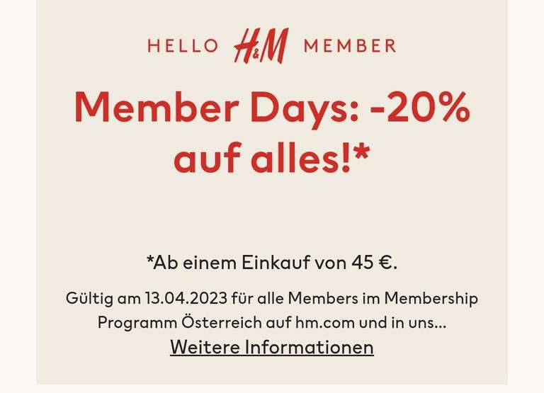 H&M -20% auf alles für Members (KEINE PLUS) ab Eur 45
