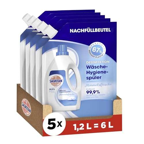 5 x 1,2 L Sagrotan Wäsche-Hygienespüler "Himmelsfrische" oder "Sensitiv" Nachfüller