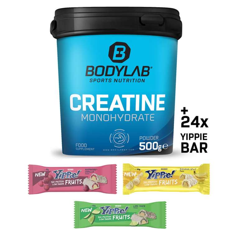 Bodylab24 Creatine Monohydrat Pulver 500g + Yippie! Bar Fruits (2 x 12 Stück 45g) in verschiedenen Sorten