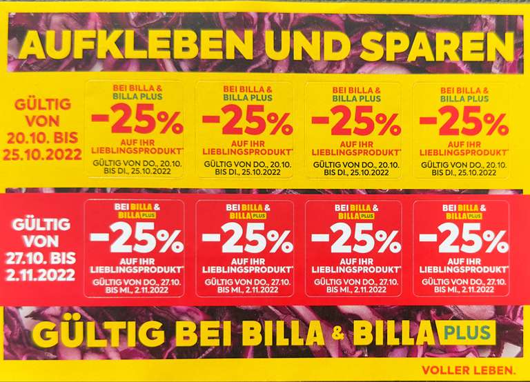 Billa / BIlla Plus: 25% Sticker 4x von 20.-25.10, 4x von 27.10 - 02.11