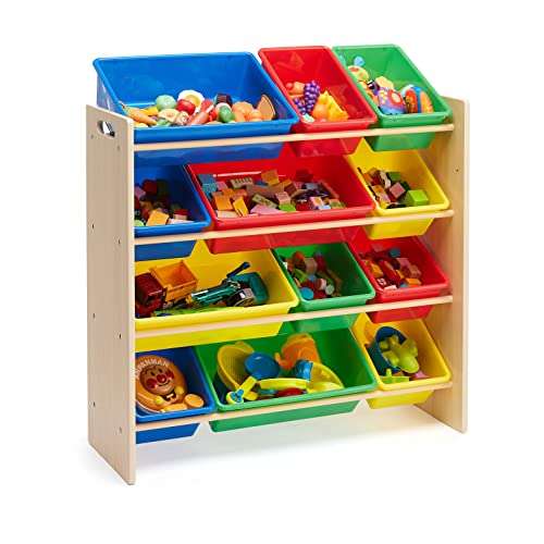 Amazon Basics Aufbewahrung für Kinderspielzeug, Spielzeug-Organizer mit 12 Plastikbehältern, Naturholz mit bunten Behältern