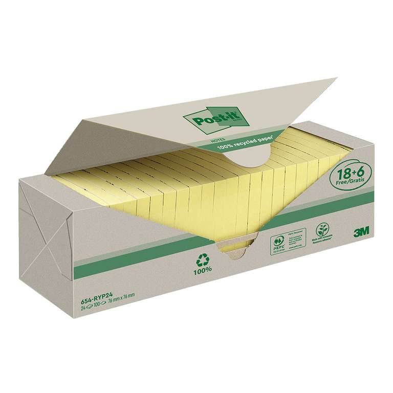 24x 100Stk. Post-It! Recycling Haftnotizen, 76x76mm, gelb