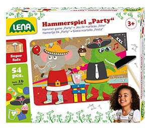 Lena 65835 - Hammerspiel Party, Nagelspiel mit 38 farbigen Teilen & 16 Sonderteile, XXL Grundplatte aus Kork ca. 28 x 19,5 cm